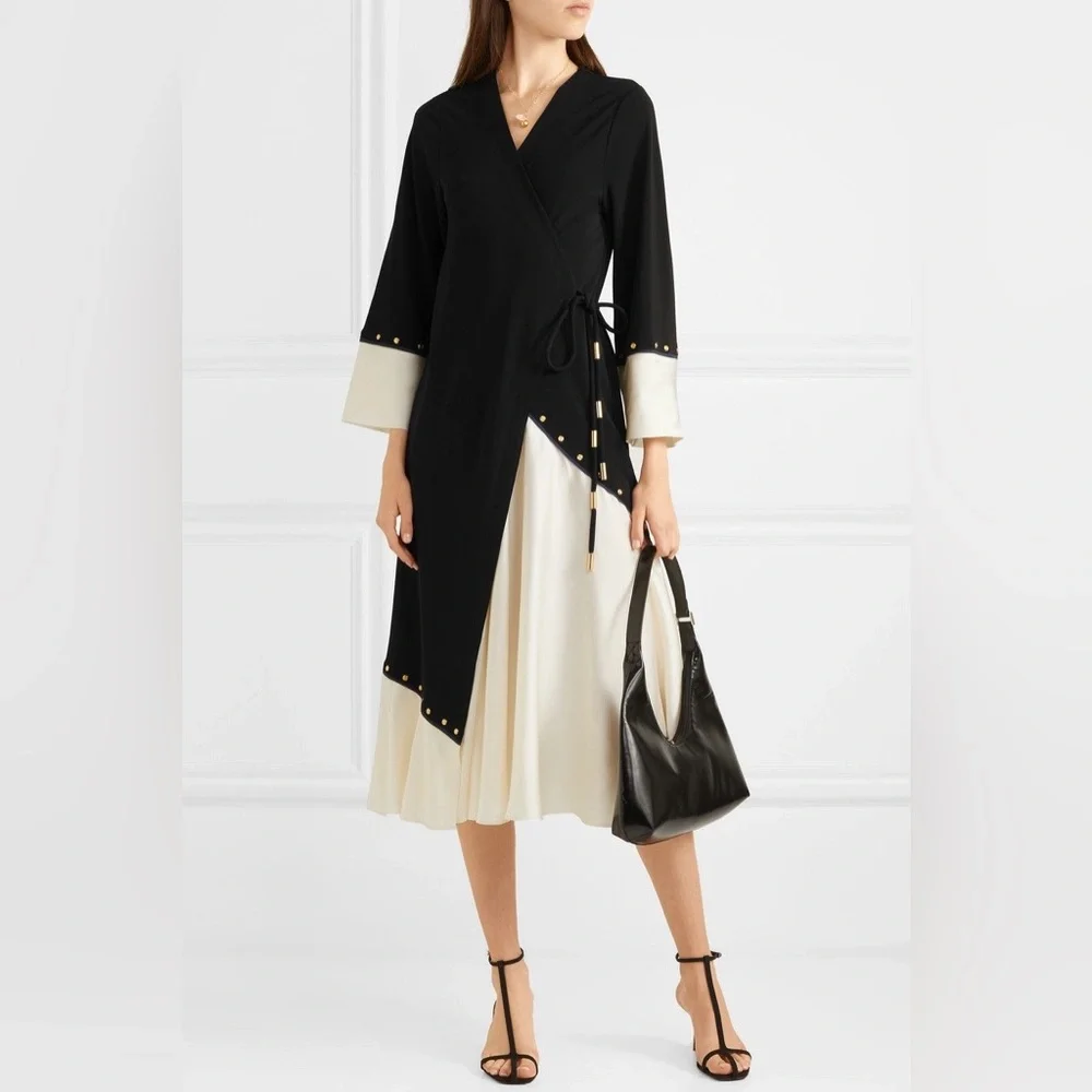 NWT $698 Tory Burch Mixed-Material Wrap Dress In Black
